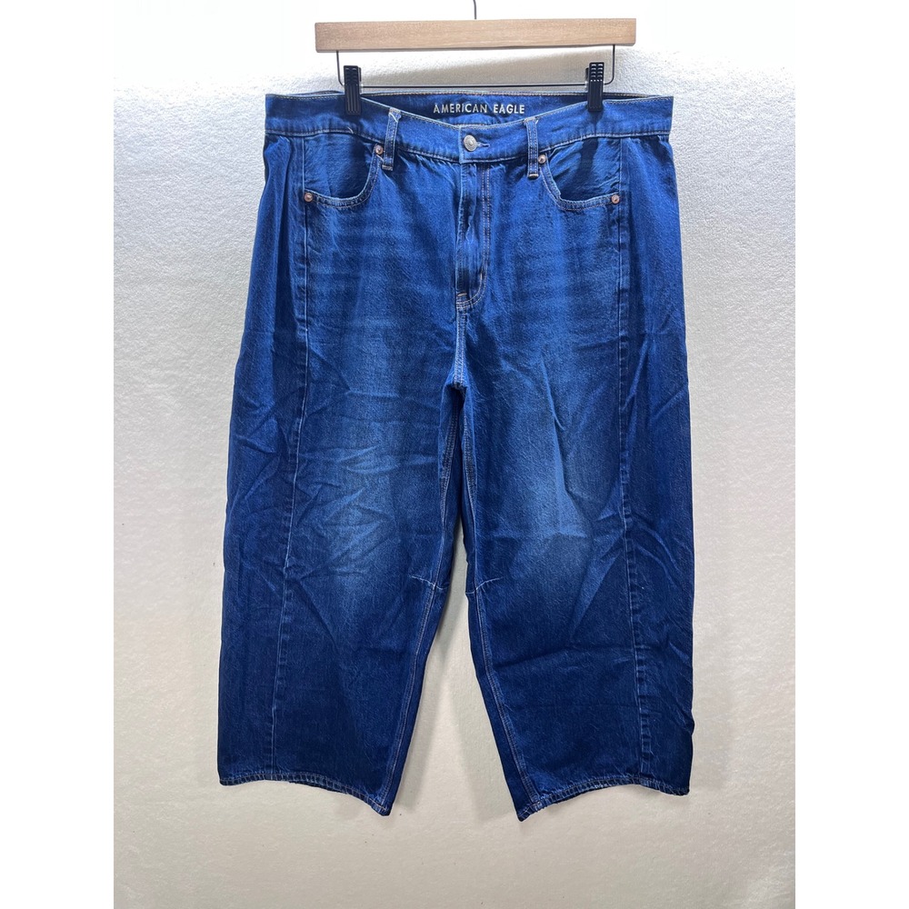 American Eagle Dreamy Drape Barrel Jeans Womens 14 Short Blue Denim Stretch 3134